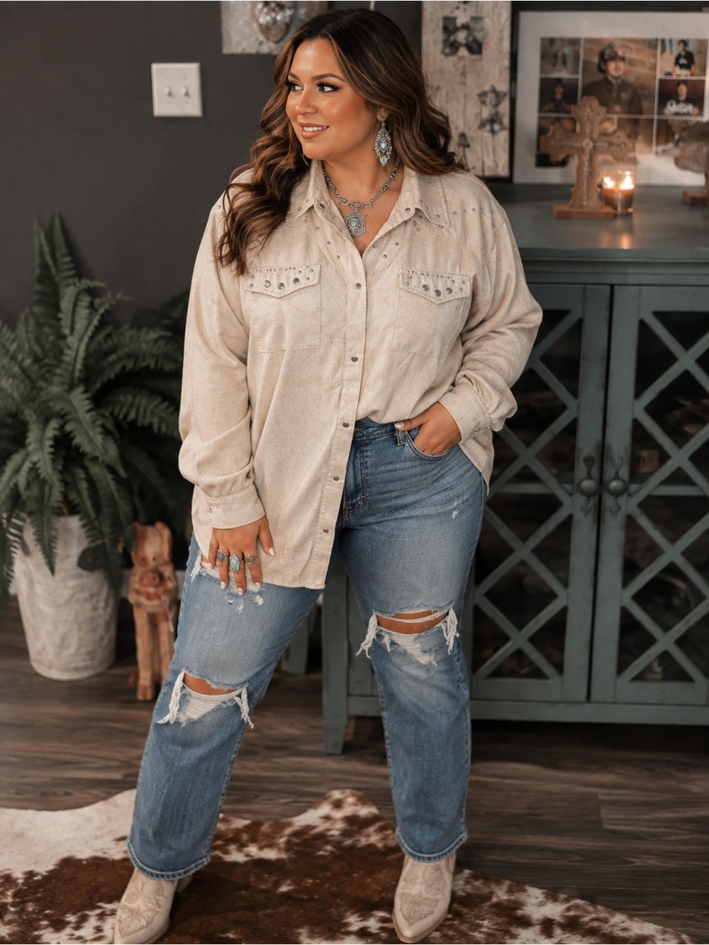 Lucky & Blessed Beige Button-Front Western Shirt